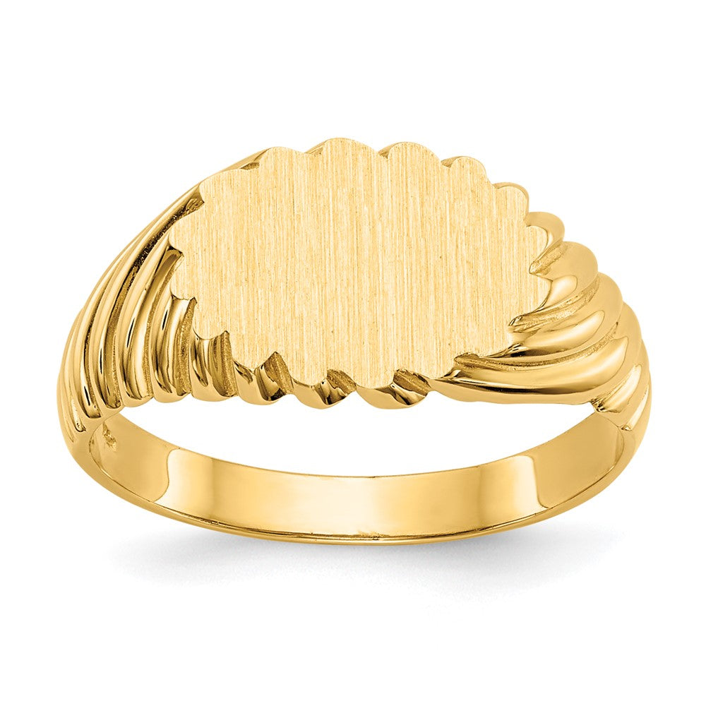 Solid;Casted;Polished;Satin;14k Yellow gold;Open back;Engravable;In-house sizing;Avail. in 10k yellow gold;Avail. in 18k yellow gold;Avail. in 18k white gold