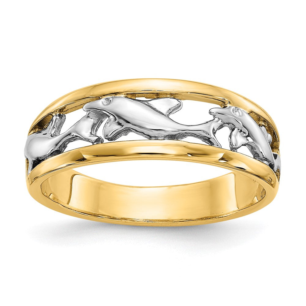 Solid;Casted;Polished;14k Yellow gold;In-house sizing;Rhodium