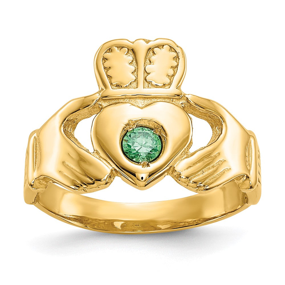 Solid;Casted;Polished;14k Yellow gold;In-house sizing;Synthetic stone