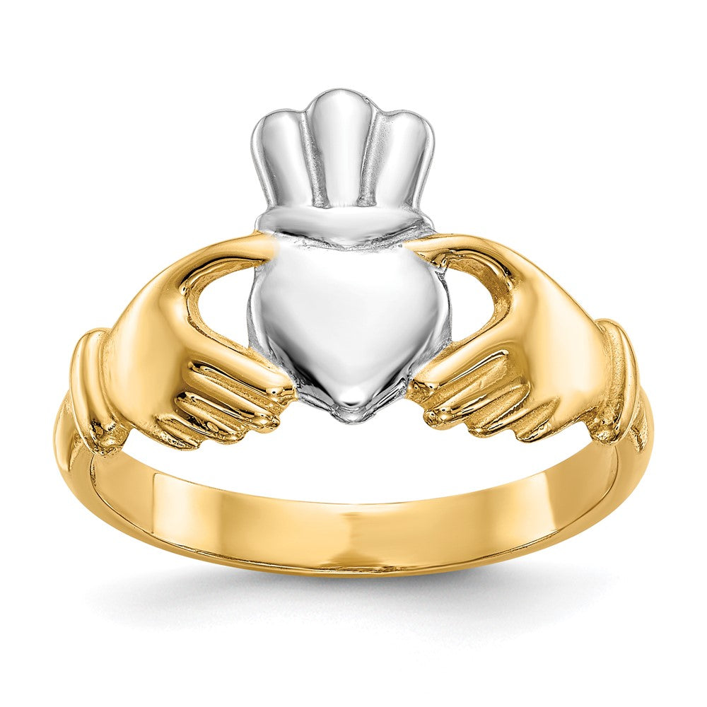 Solid;Casted;Polished;In-house sizing;14K Yellow gold & rhodium