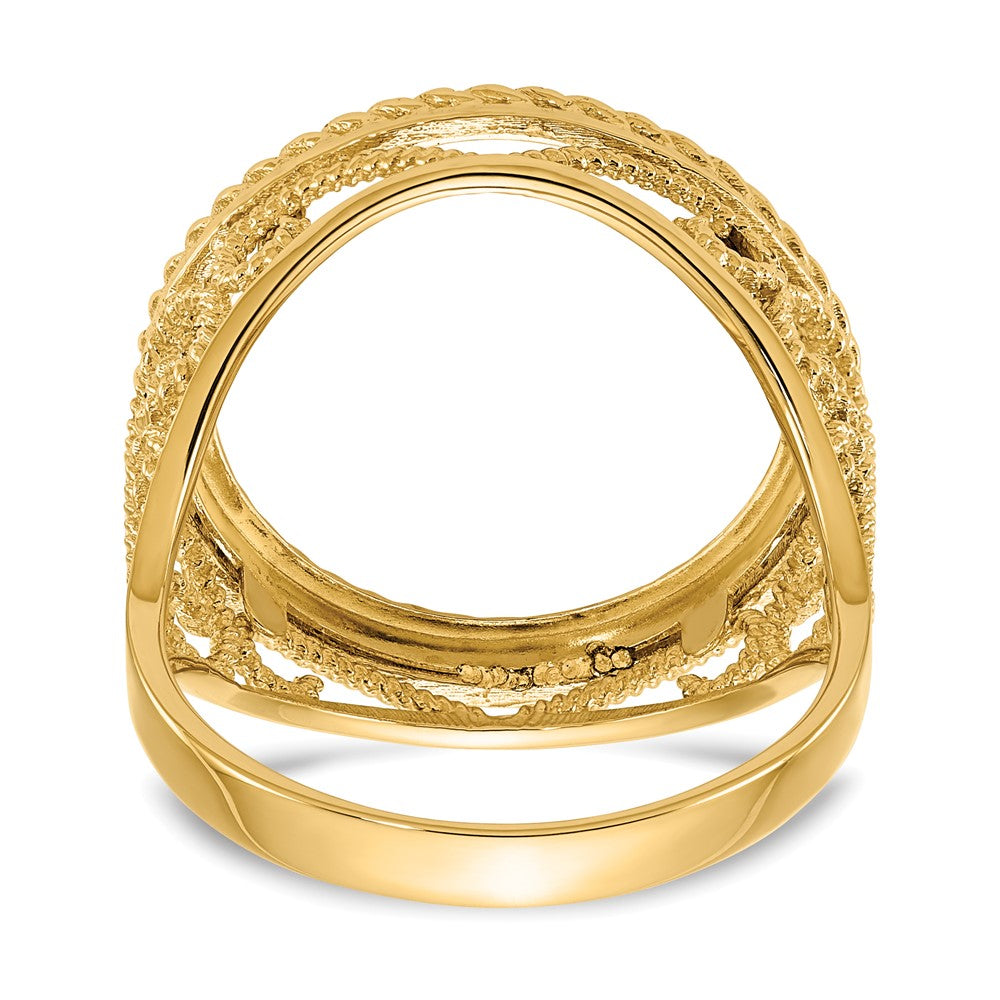 Wideband Distinguished Coin Jewelry 14k Ladies' Polished Diamond-cut and Twisted Wire Scroll Design 16.5mm Coin Bezel Ring