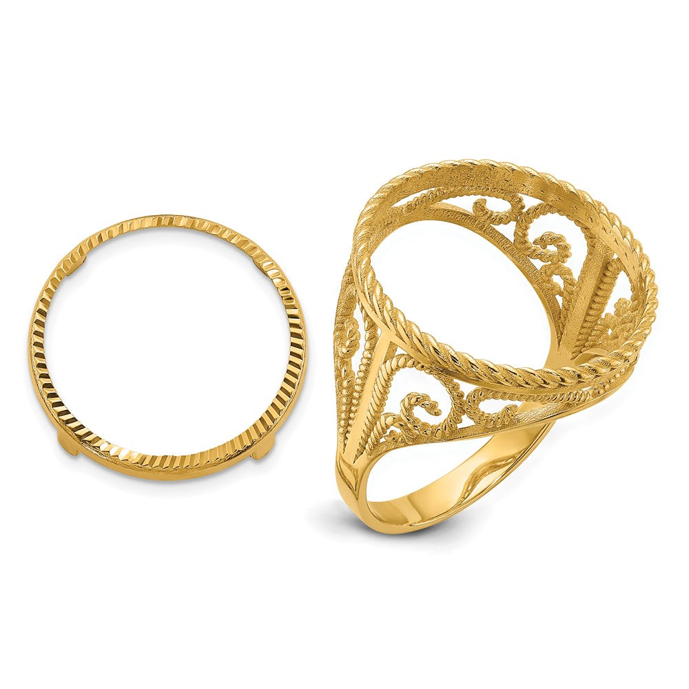 Wideband Distinguished Coin Jewelry 14k Ladies' Polished Diamond-cut and Twisted Wire Scroll Design 16.5mm Coin Bezel Ring