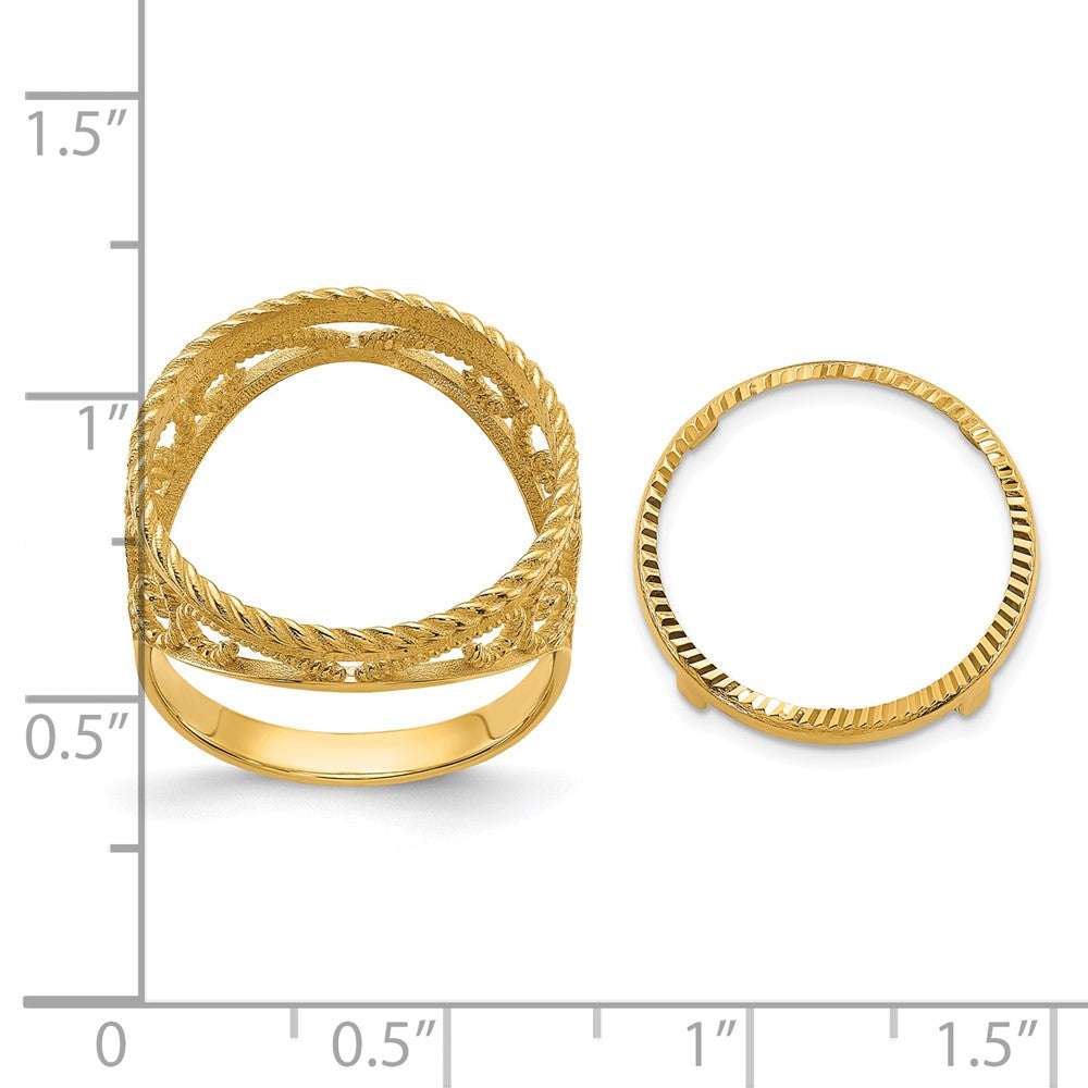 Wideband Distinguished Coin Jewelry 14k Ladies' Polished Diamond-cut and Twisted Wire Scroll Design 16.5mm Coin Bezel Ring