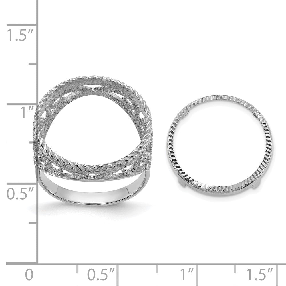 Wideband Distinguished Coin Jewelry 14k White Gold Ladies' Polished Diamond-cut and Twisted Wire Scroll Design 16.5mm Coin Bezel Ring
