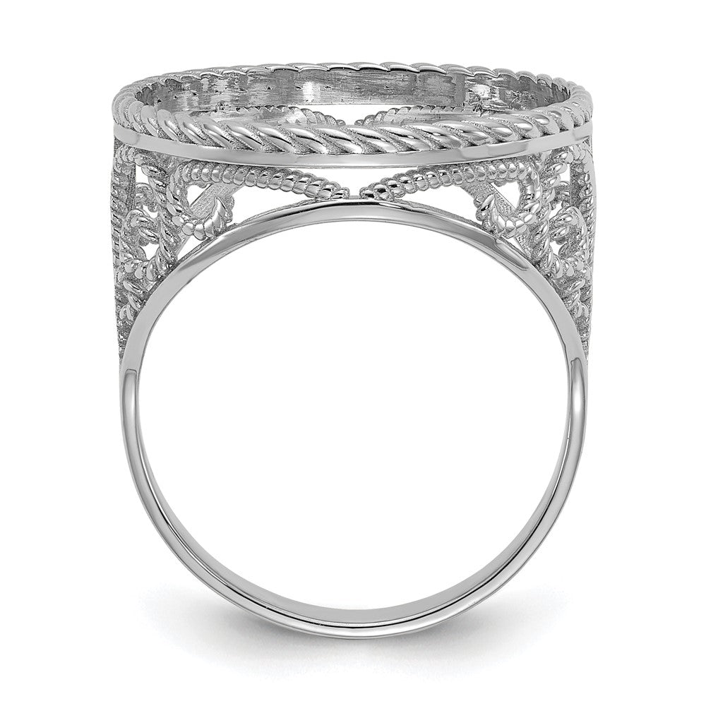Wideband Distinguished Coin Jewelry 14k White Gold Ladies' Polished and Twisted Wire Scroll Design 16.5mm Coin Bezel Ring
