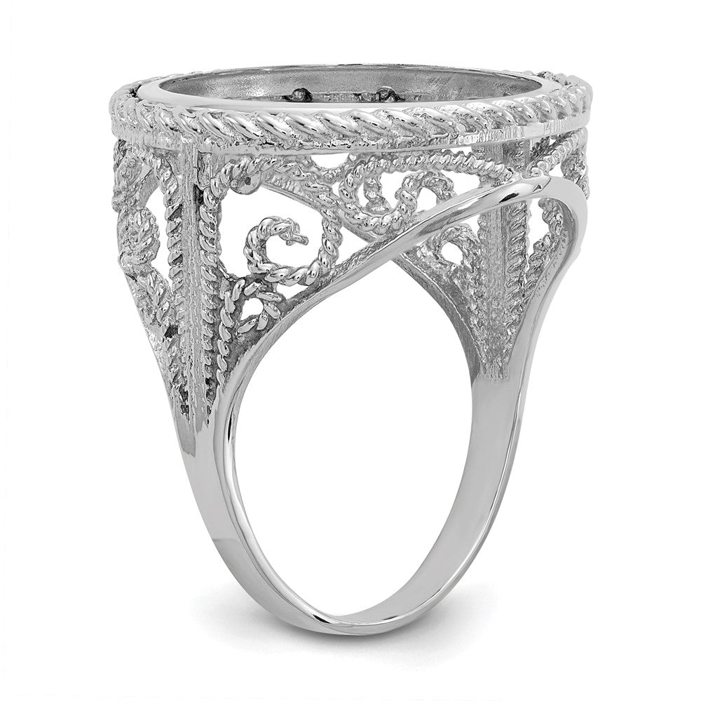 Wideband Distinguished Coin Jewelry 14k White Gold Ladies' Polished and Twisted Wire Scroll Design 16.5mm Coin Bezel Ring