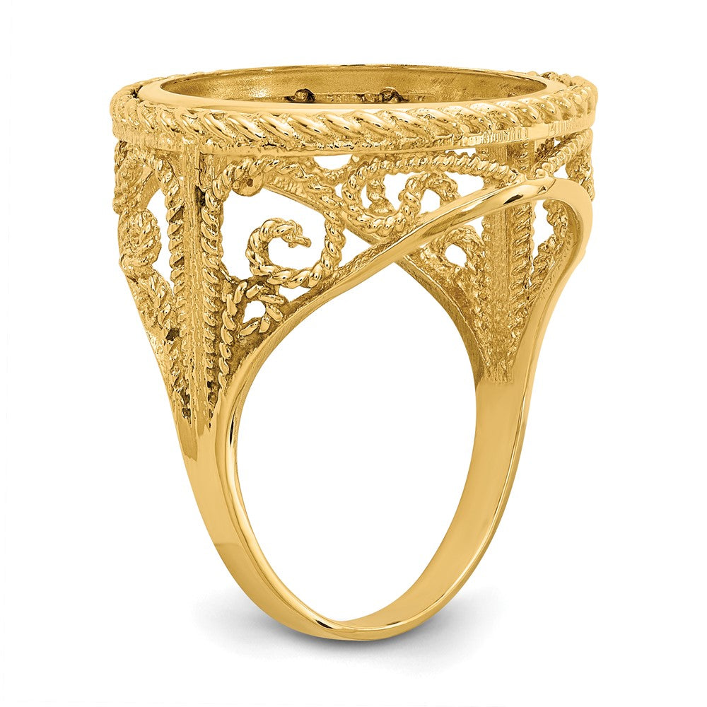 Wideband Distinguished Coin Jewelry 14k Ladies' Polished and Twisted Wire Scroll Design 16.5mm Coin Bezel Ring