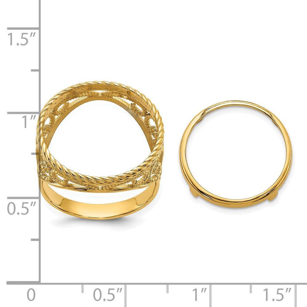 Wideband Distinguished Coin Jewelry 14k Ladies' Polished and Twisted Wire Scroll Design 16.5mm Coin Bezel Ring