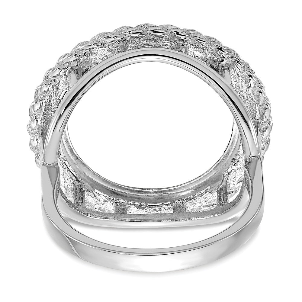 Wideband Distinguished Coin Jewelry 14k White Gold Ladies' Polished Textured and Diamond-cut Rope Edge 16.5mm Coin Bezel Ring