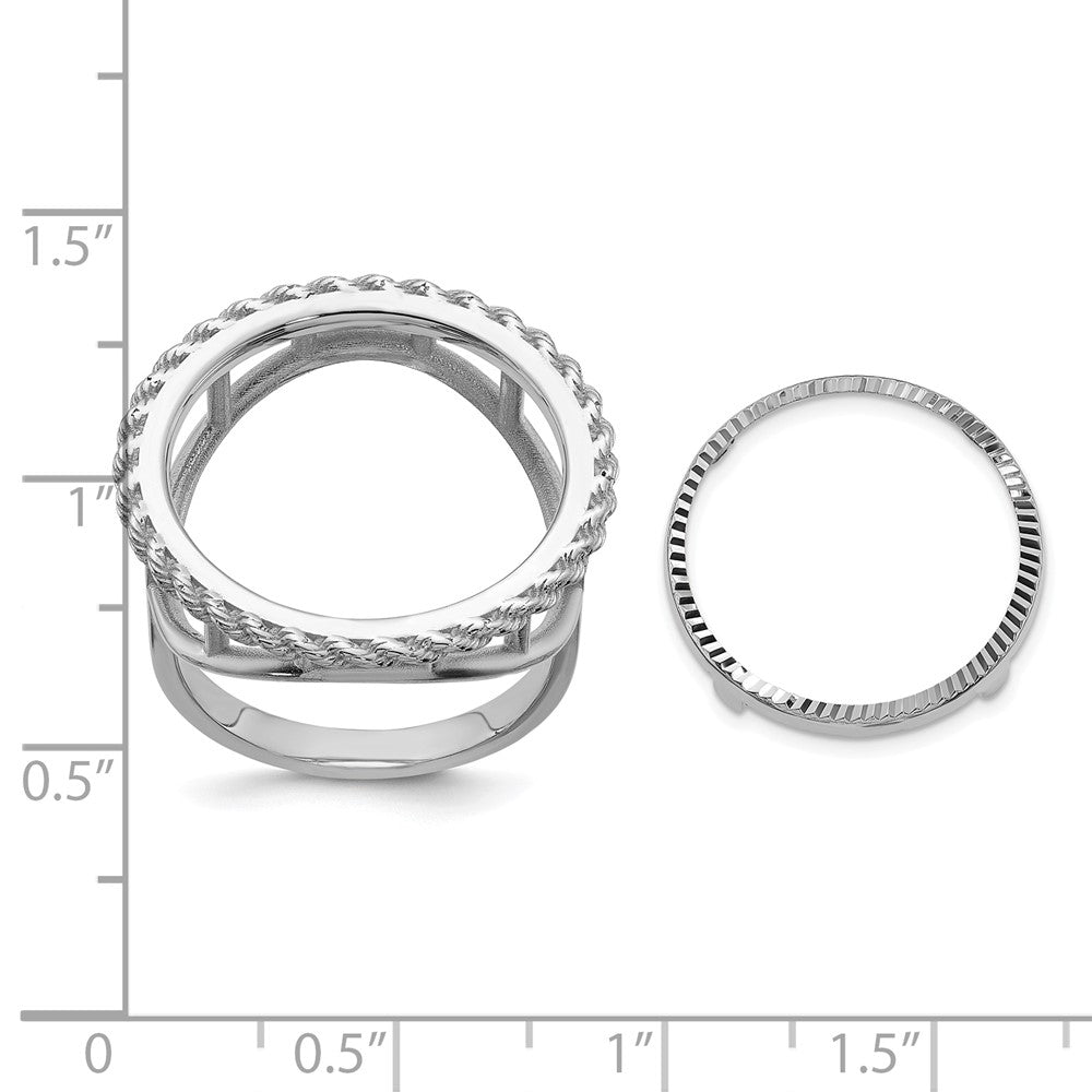Wideband Distinguished Coin Jewelry 14k White Gold Ladies' Polished Textured and Diamond-cut Rope Edge 16.5mm Coin Bezel Ring