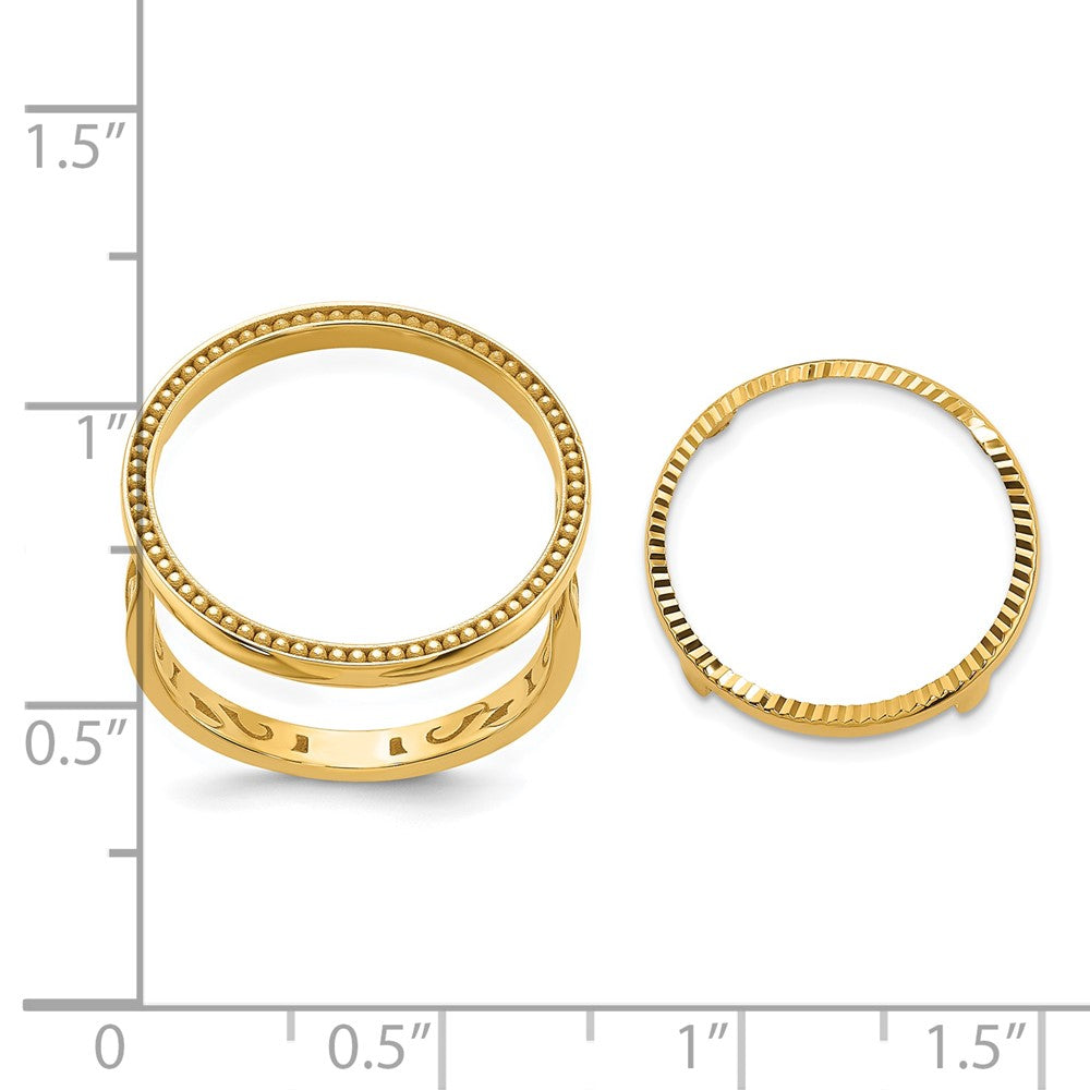 Wideband Distinguished Coin Jewelry 14k Ladies' Polished and Diamond-cut with Filigree Sides and Beaded Top 16.5mm Coin Bezel Ring