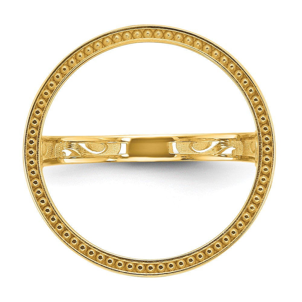 Wideband Distinguished Coin Jewelry 14k Ladies' Polished Filigree Sides and Beaded Top 16.5mm Coin Bezel Ring