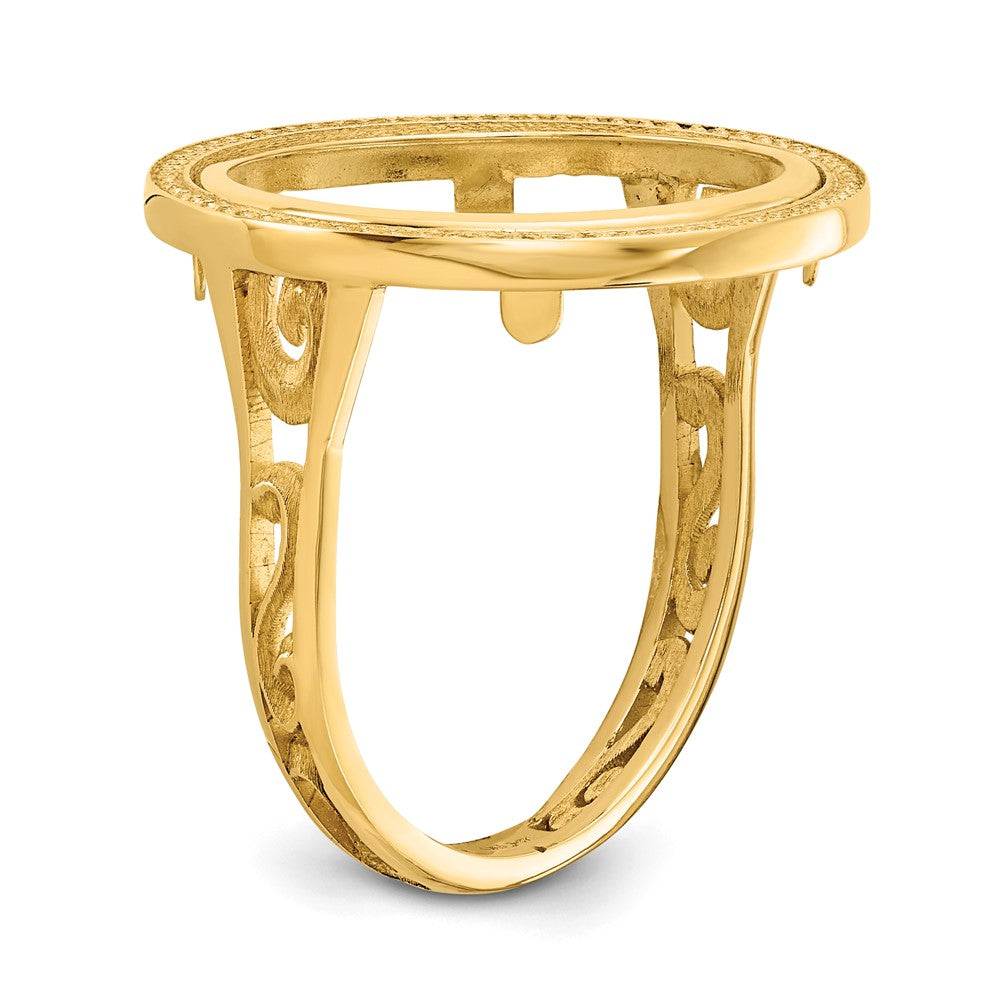 Wideband Distinguished Coin Jewelry 14k Ladies' Polished Filigree Sides and Beaded Top 16.5mm Coin Bezel Ring