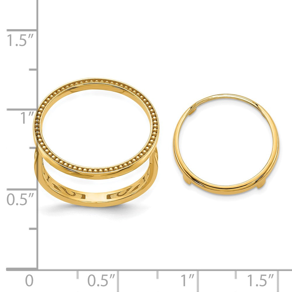 Wideband Distinguished Coin Jewelry 14k Ladies' Polished Filigree Sides and Beaded Top 16.5mm Coin Bezel Ring
