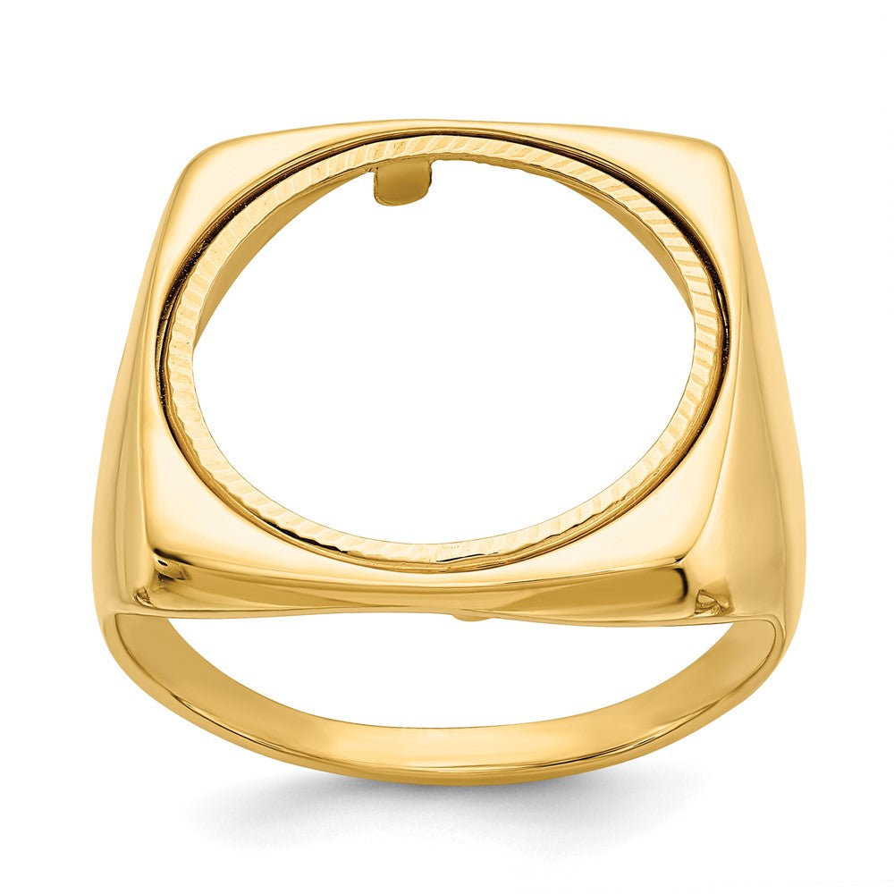 Wideband Distinguished Coin Jewelry 14k Men's Polished and Diamond-cut Square Shaped 16.5mm Coin Bezel Ring