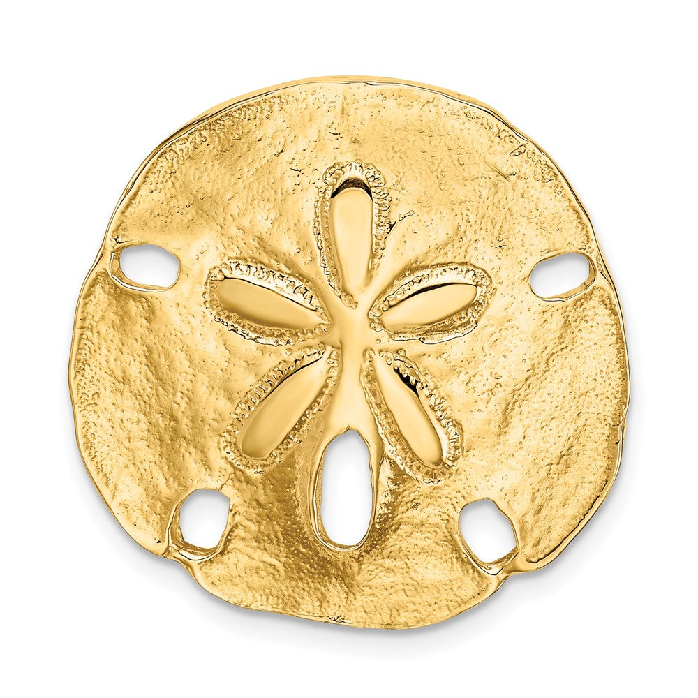 Solid;Casted;Polished;14k Yellow gold;Textured;Hidden bail;Fits up to 8mm