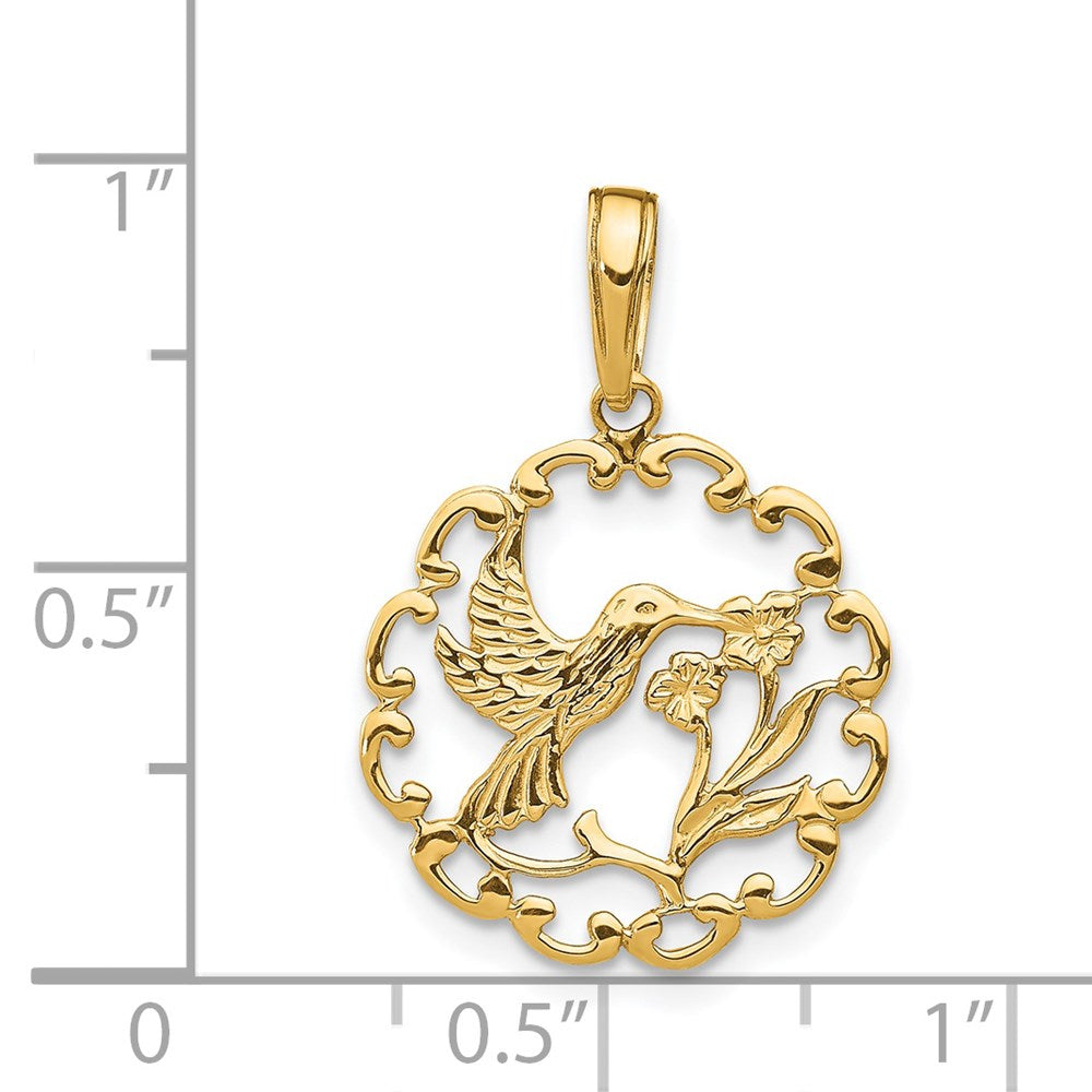 14K Hummingbird with Flower Round Scalloped Frame Pendant