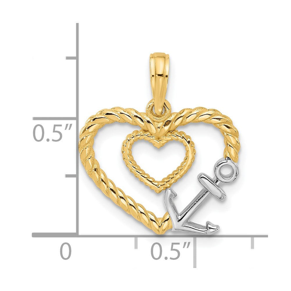 14K with White Rhodium Fancy Rope Heart and Anchor Charm