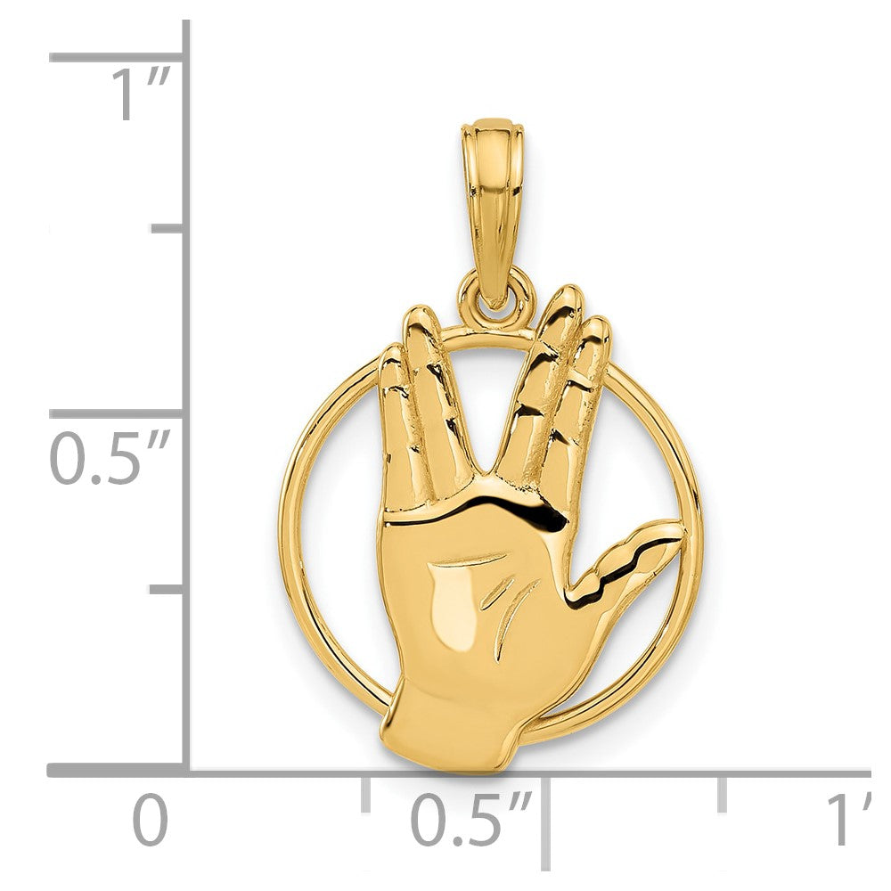 14K Polished Live Long and Prosper Hand Gesture in Circle Charm