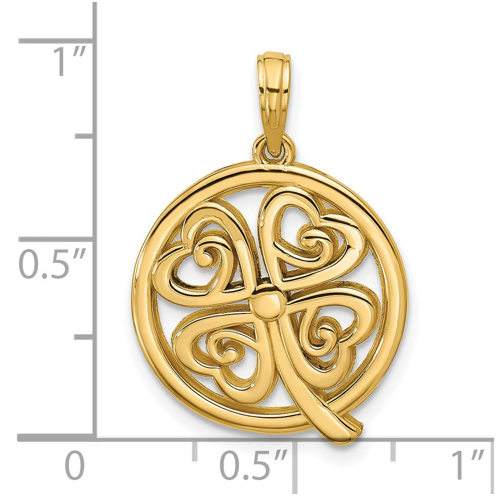 14K Polished Four Leaf Clover in Circle Pendant