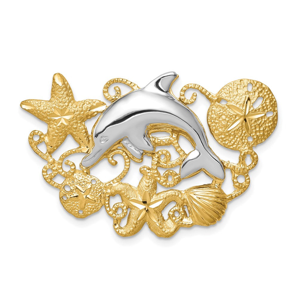 Solid;Casted;Diamond-cut;Polished;Satin;14K Two-tone;Open back;Hidden bail;Fits up to 5mm regular;Fits up to 6mm fancy