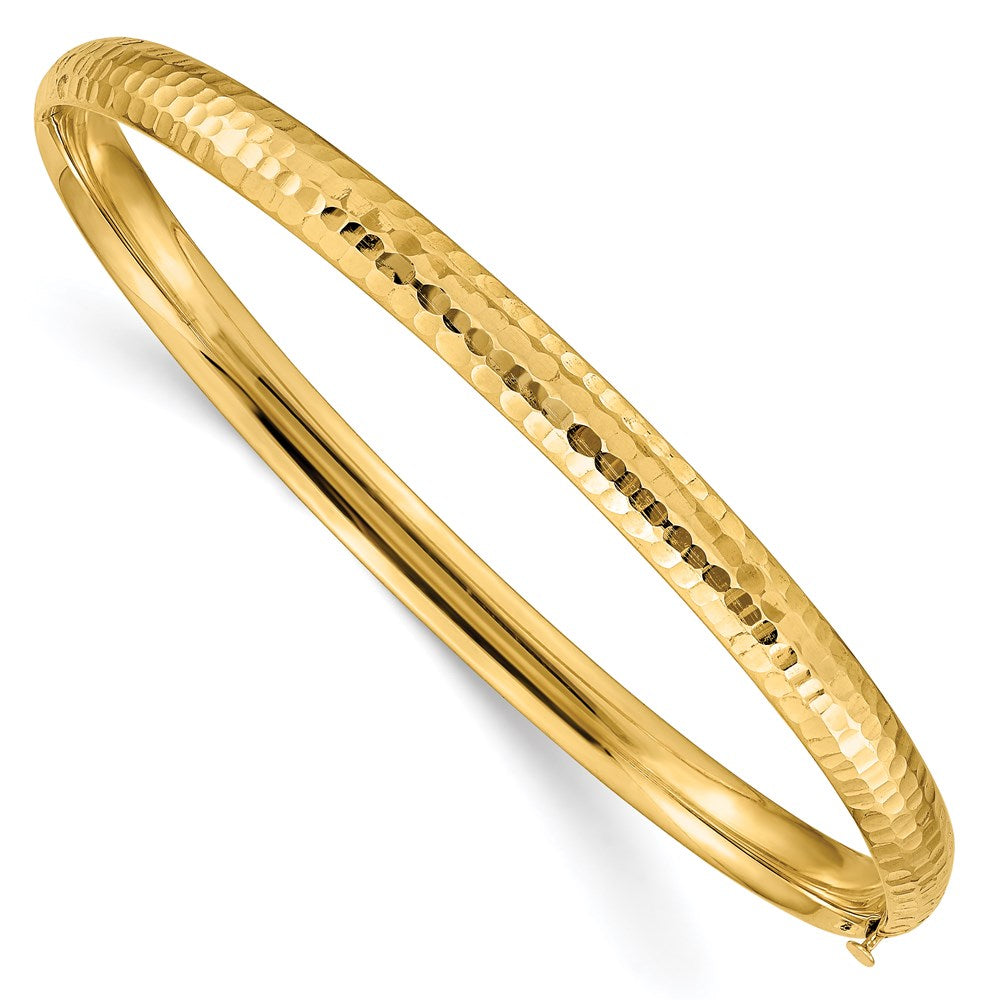 14k Yellow gold;Hollow;Hinged;Fold-over;No safety bar;Hammered