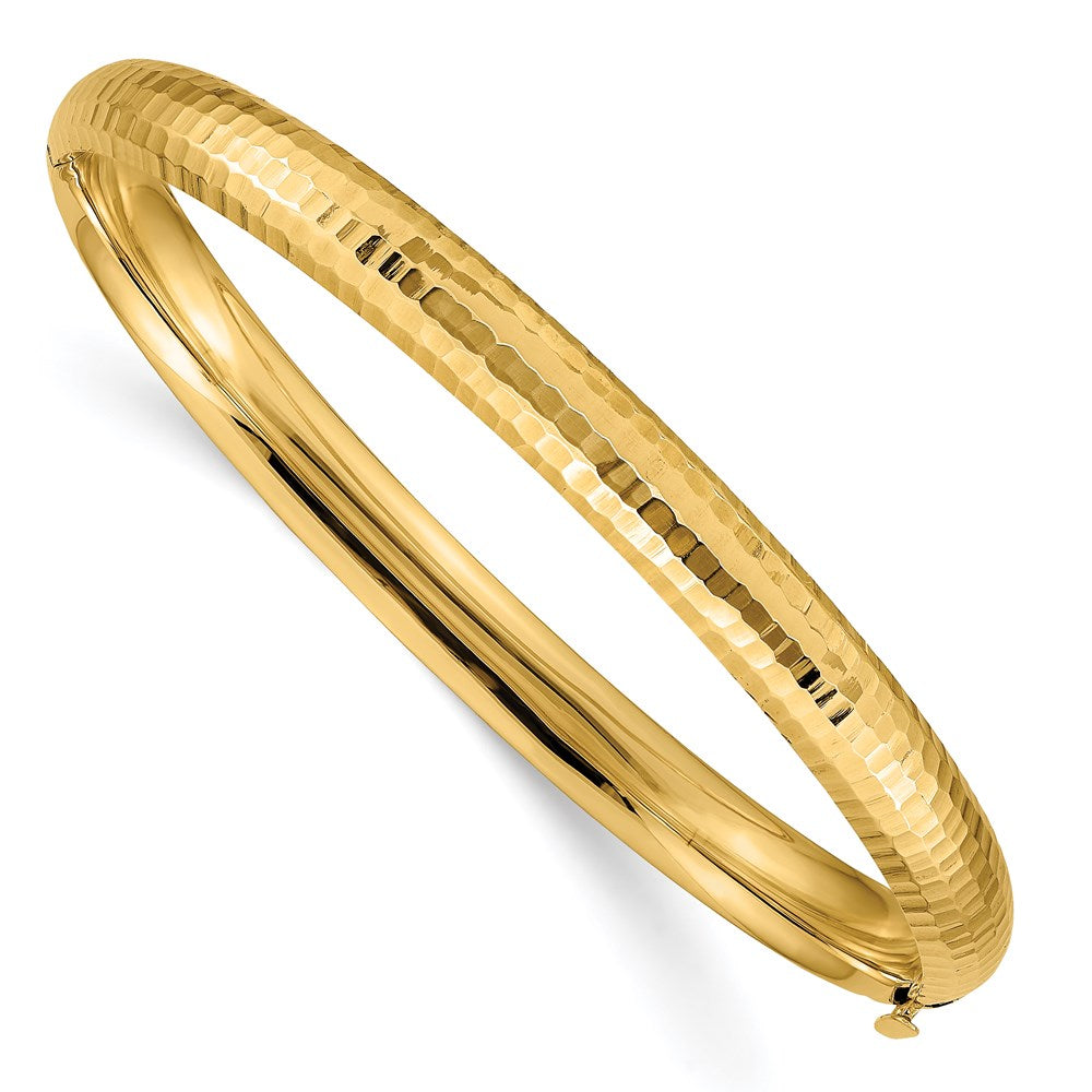 14k Yellow gold;Hollow;Hinged;Fold-over;No safety bar;Hammered