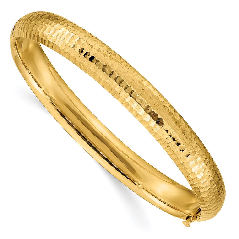 14k Yellow gold;Hollow;Hinged;Fold-over;No safety bar;Hammered