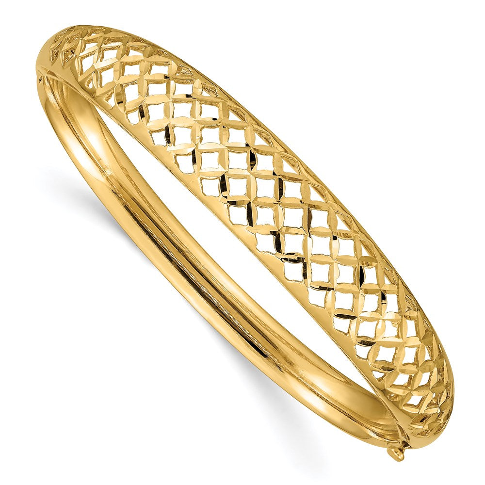 Diamond-cut;Polished;14k Yellow gold;Open back;Hinged;Safety bar