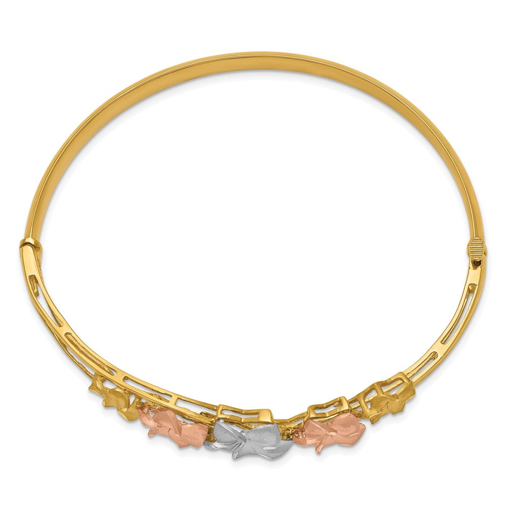 14k Tri-color Polished and Satin Diamond-cut Plumeria Hinged Oval Bangle Bracelet