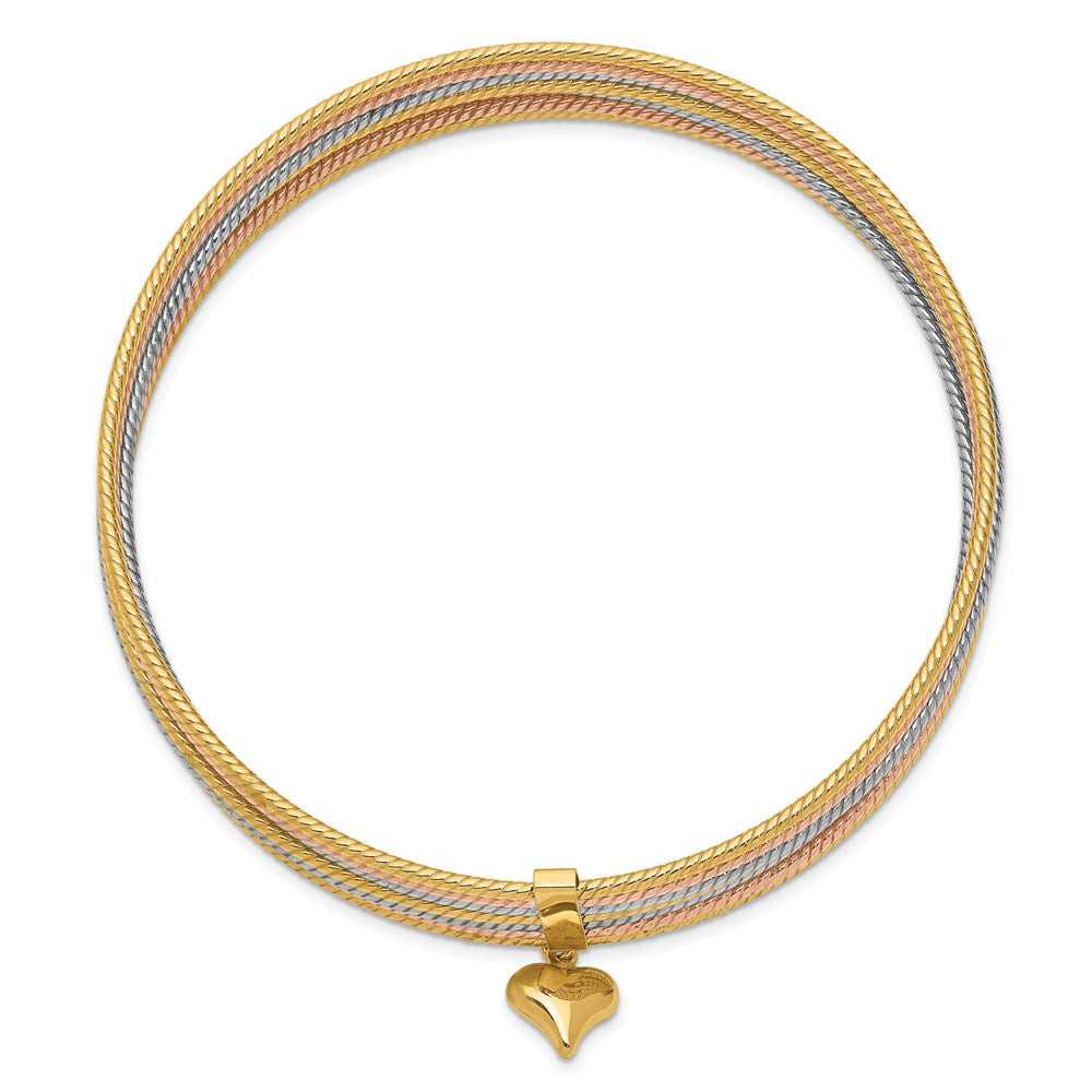 14K Oversize Tri-color Polished and Textured with Dangle Heart 7-Strand 11.00mm Slip-on Round Bangle Bracelet