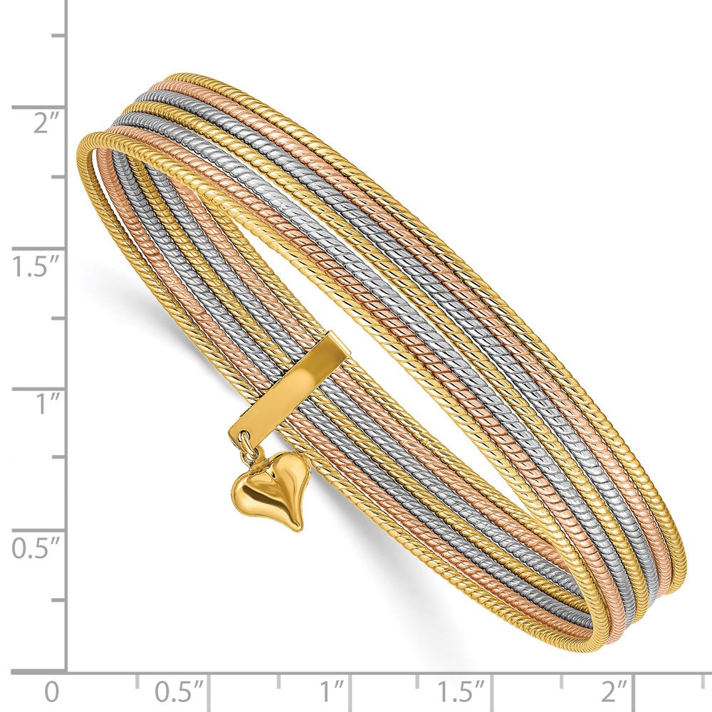 14K Tri-color Polished and Textured with Dangle Heart 7-Strand 11.00mm Slip-on Round Bangle Bracelet