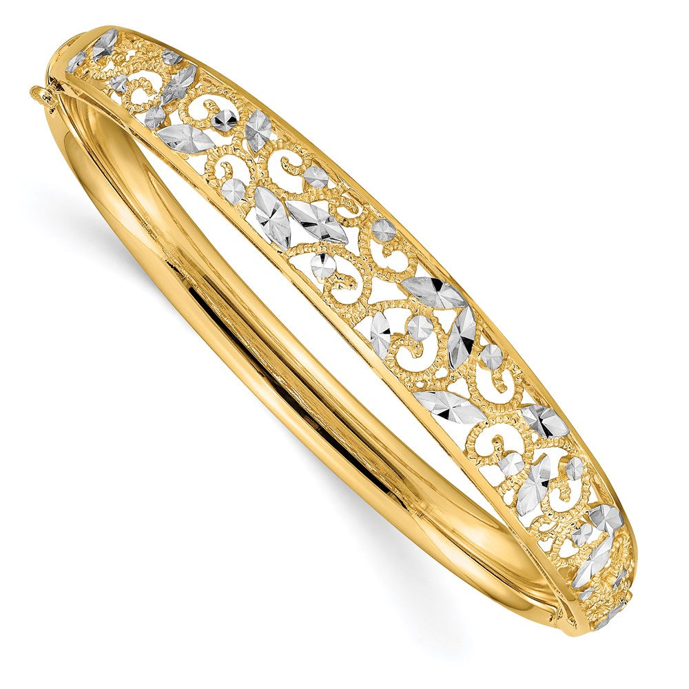 Diamond-cut;Polished;Hollow;Hinged;14K Yellow gold & rhodium;Safety bar;Filigree