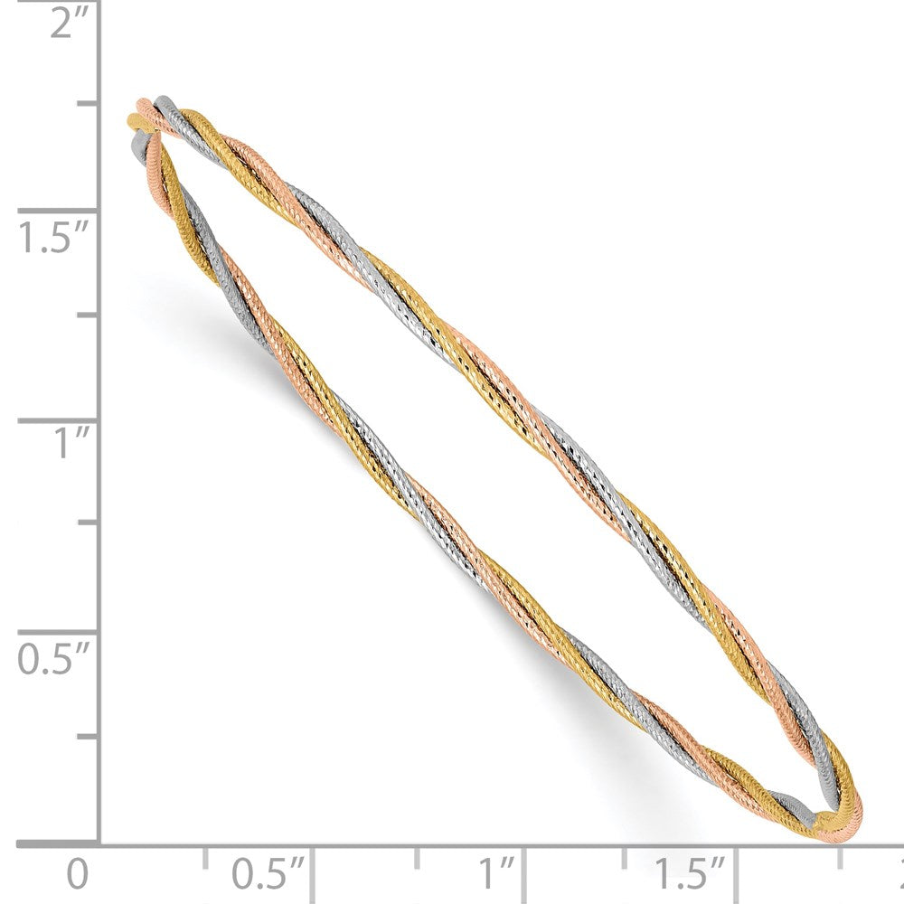 14k Tri-color Polished Diamond-cut Twisted 2.00mm Slip-on Round Bangle Bracelet