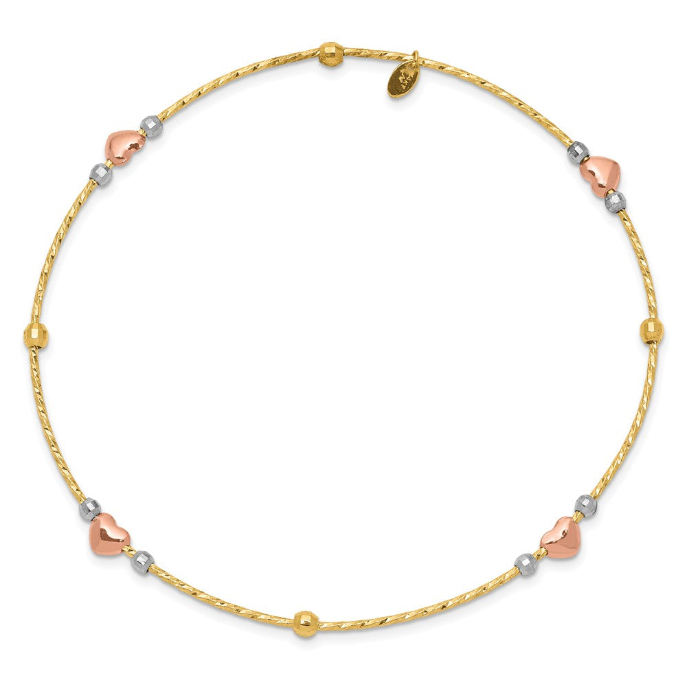 14k Tri-color Diamond-cut Hearts and Beads Slip-on Round Bangle Bracelet