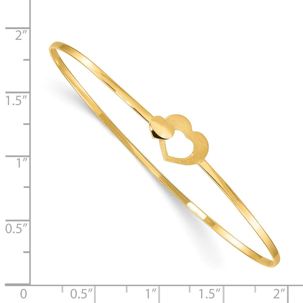 14K Brushed and Polished Two Hearts Clasp 1.60mm Flexible Oval Bangle Bracelet