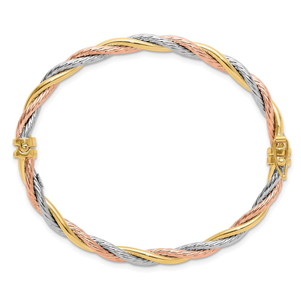 14K Tri-color Polished and Textured 4.30mm Twisted Hinged Oval Bangle Bracelet