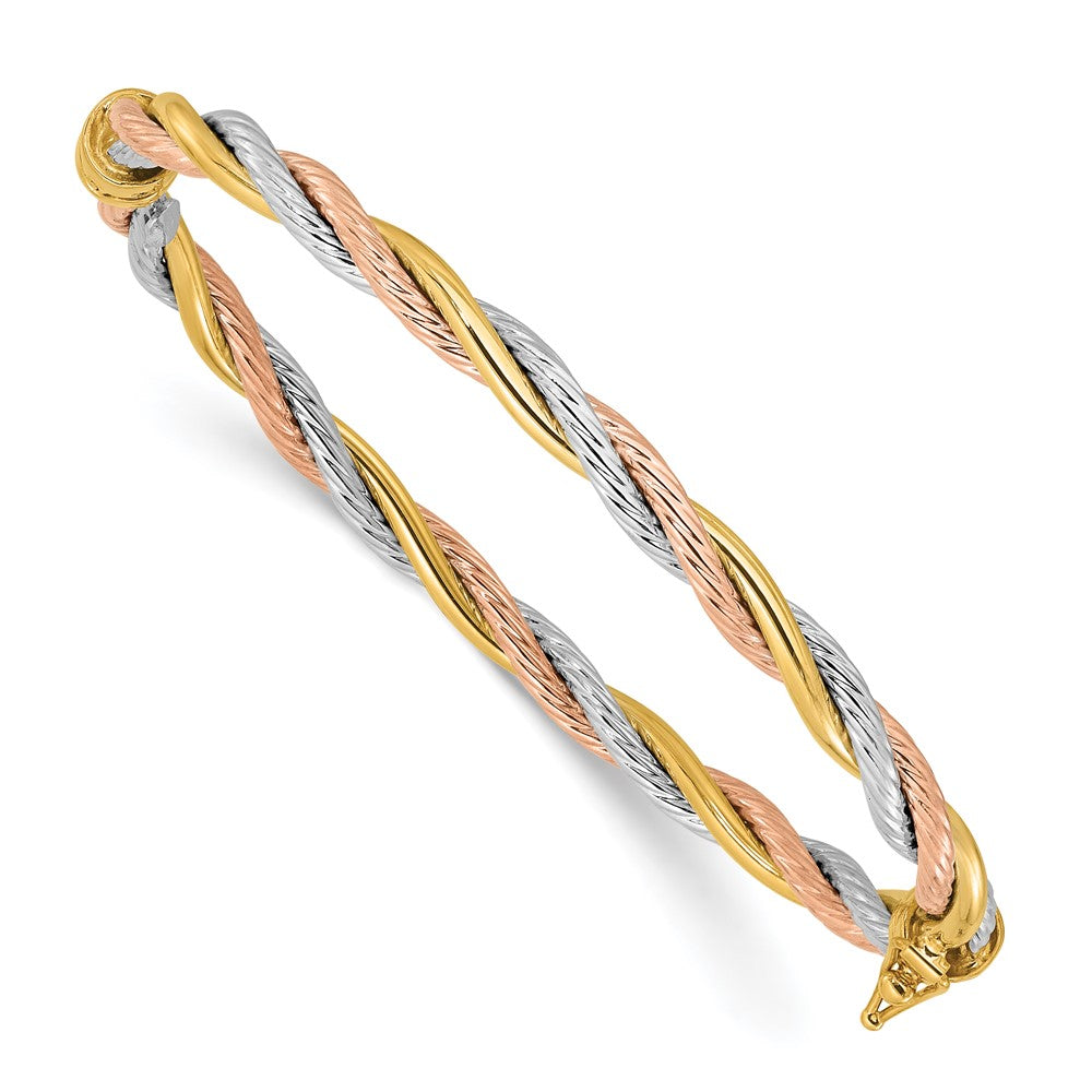 14K Tri-color Polished and Textured 4.30mm Twisted Hinged Oval Bangle Bracelet