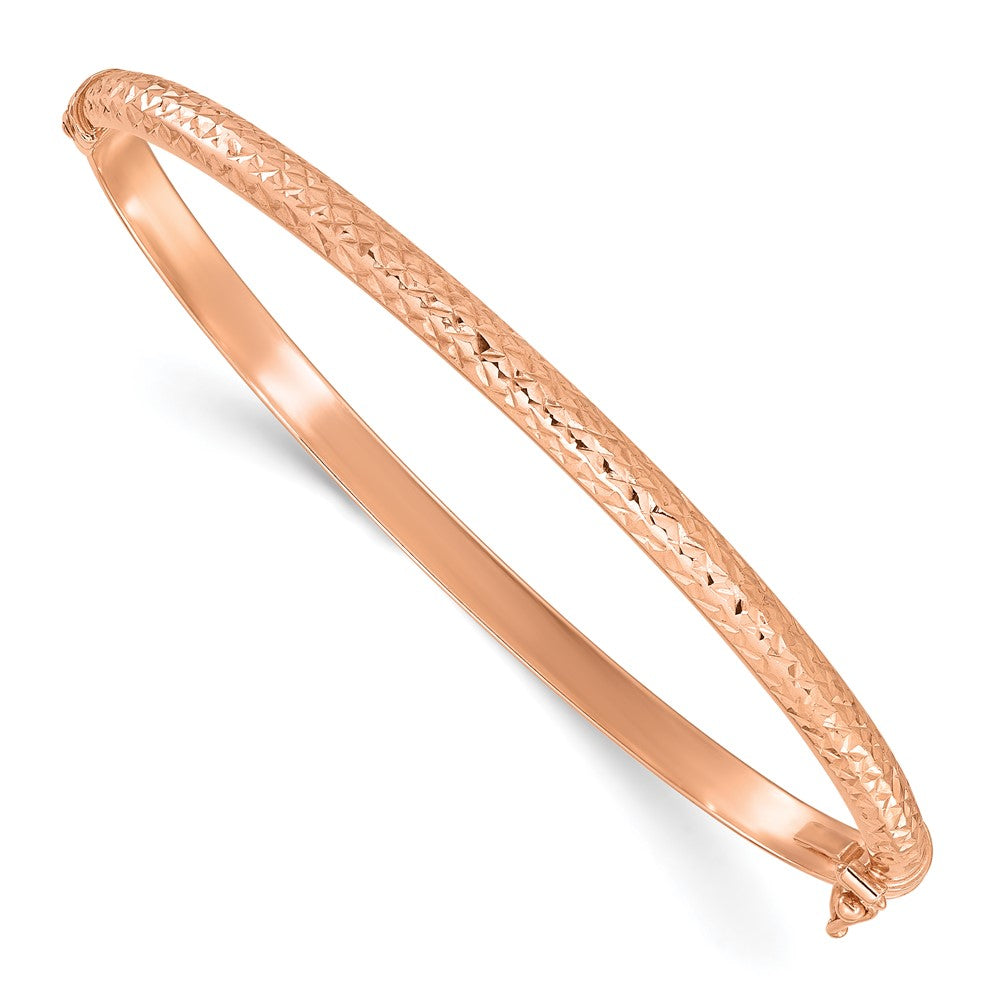 14K Rose Gold Polished Diamond-cut 4.00mm Hinged Oval Bangle Bracelet