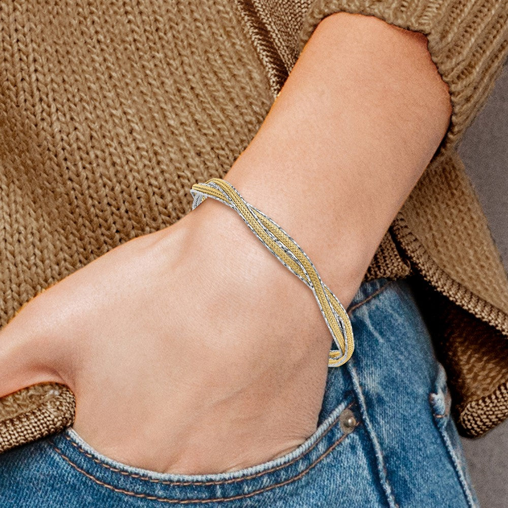 14K Two-tone Diamond-cut and Textured Braided 6.70mm with Safety Chain Flexible Oval Bangle Bracelet