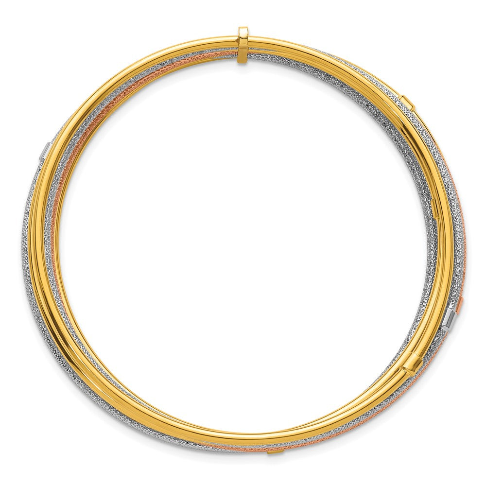 14K with Rose and White Rhodium Polished and Textured Beaded 7-Strand Slip-On Round Bangle Bracelet