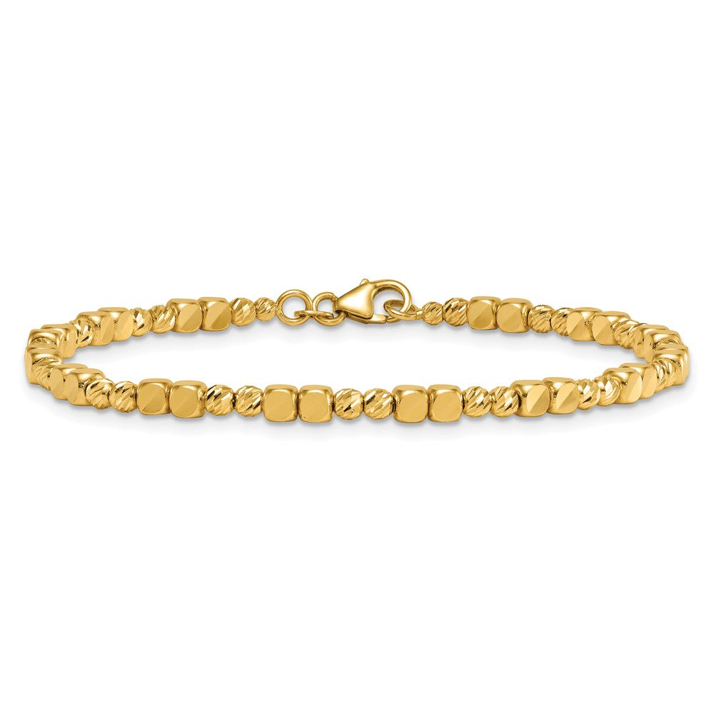14K Polished Diamond-cut and Square Beaded 7 Inch Bracelet