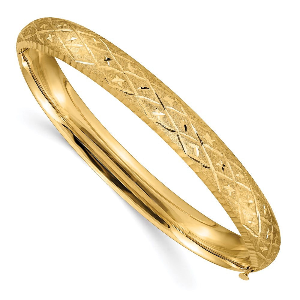 Diamond-cut;14k Yellow gold;Hollow;Hinged;Fold-over;No safety bar;Laser-cut