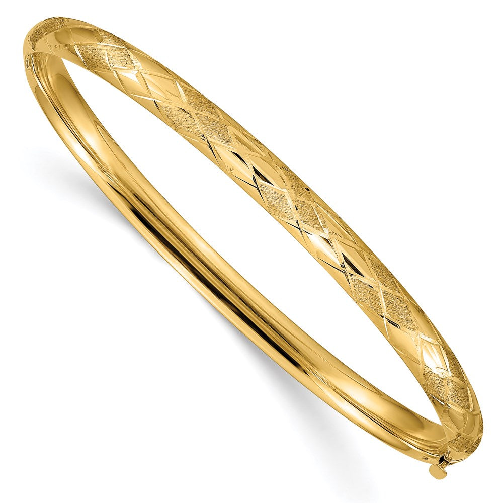 Polished;Satin;14k Yellow gold;Hollow;Hinged;Engravable;Fold-over;No safety bar