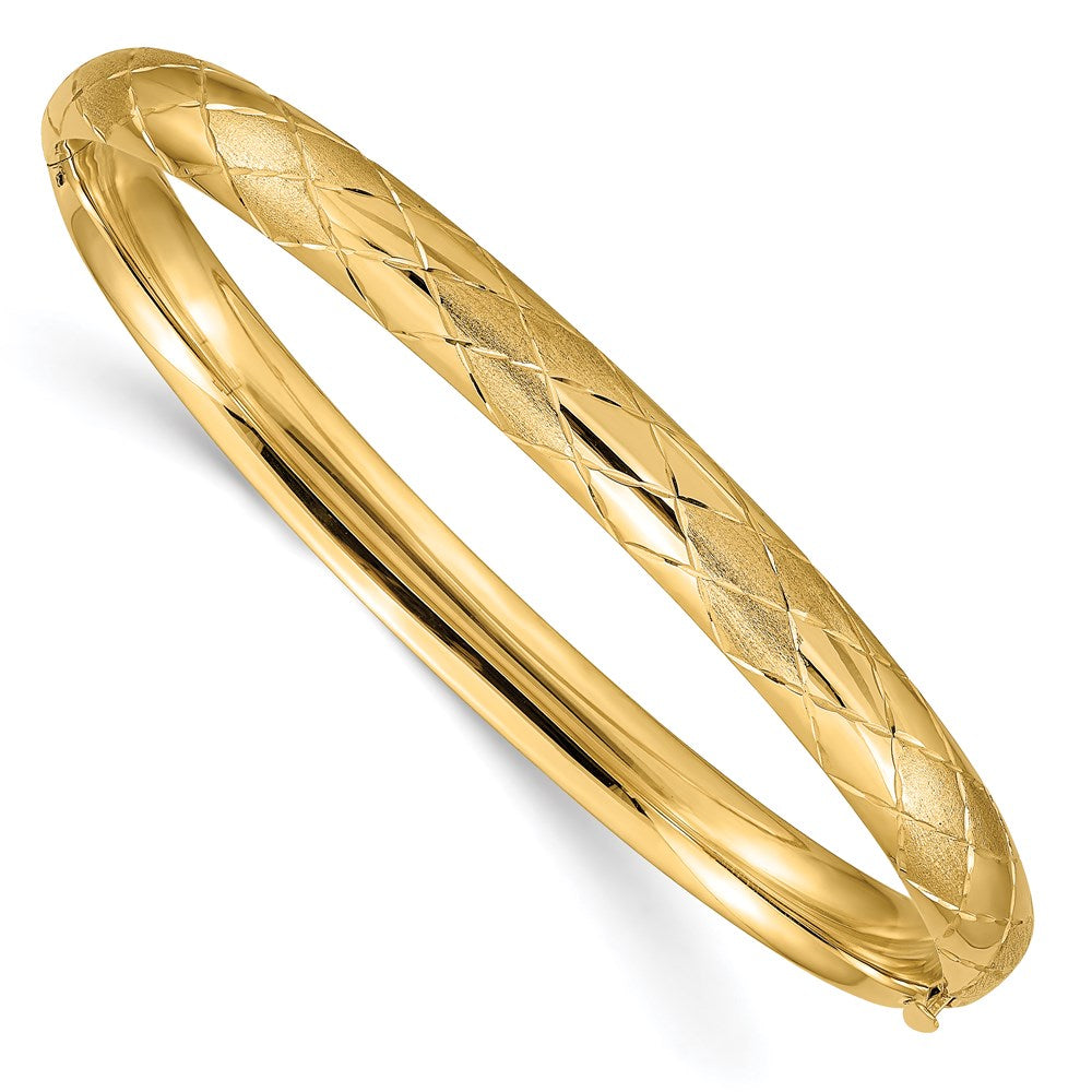 Polished;Satin;14k Yellow gold;Hollow;Hinged;Fold-over;Safety clasp;No safety bar