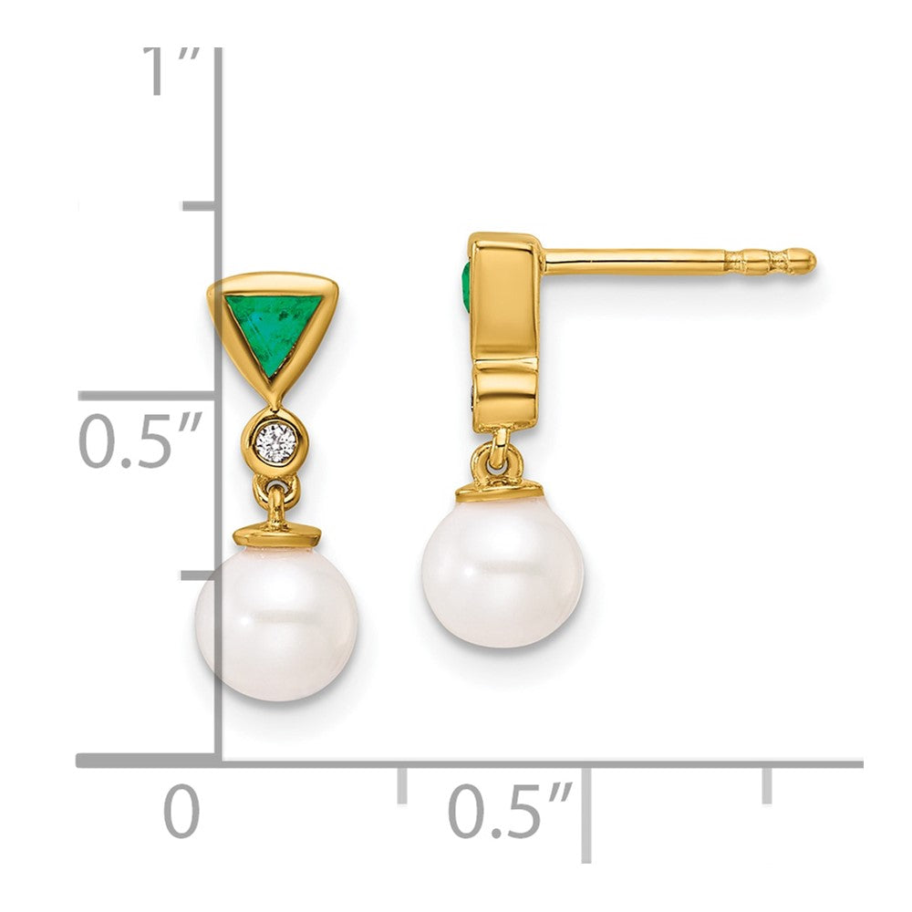 14K White Round Freshwater Cultured Pearl/.02 carat Diamond/Trillion Emerald Dangle Post Earrings