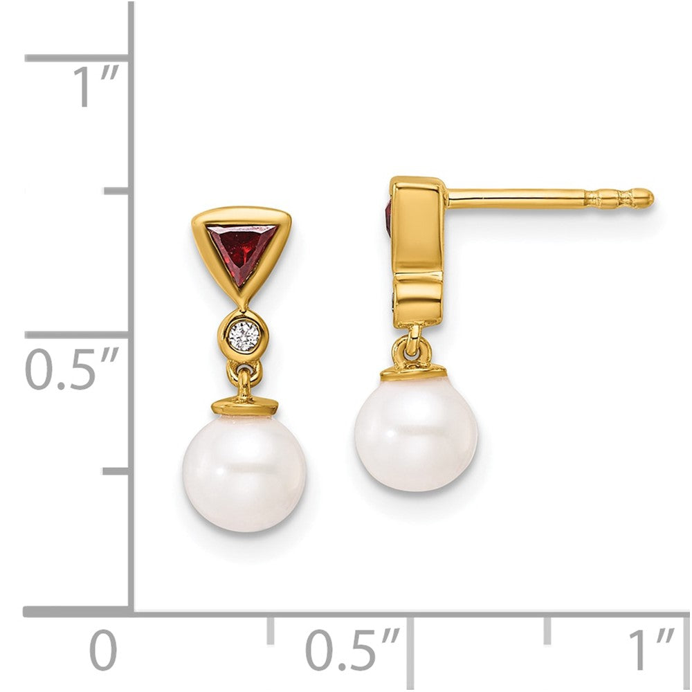 14K White Round Freshwater Cultured Pearl/.02 carat Diamond/Trillion Ruby Dangle Post Earrings