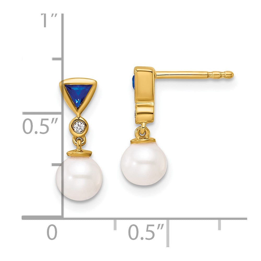 14K White Round Freshwater Cultured Pearl/.02 carat Diamond/Trillion Sapphire Dangle Post Earrings