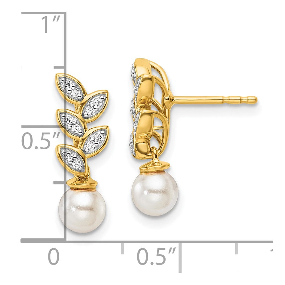 14K Polished 1/10 carat Diamond and White Freshwater Cultured Pearl Leaf Design Dangle Post Earrings