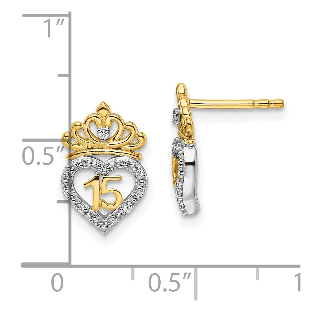 14K Two-tone Polished Diamond Quinceanera Heart/Crown Post Earrings